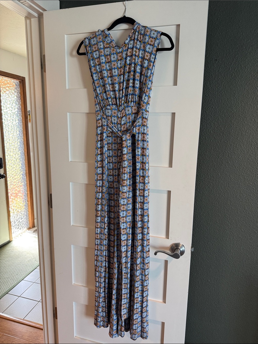 Free People Sleeveless Blue Floral Maxi Romper with Waist Tie